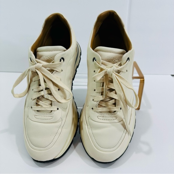 HUGO BOSS MENS BURNISH ITALIAN LEATHER SIZE 8 CREAM LOW TOP TRAINERS SNEAKERS - Picture 12 of 13